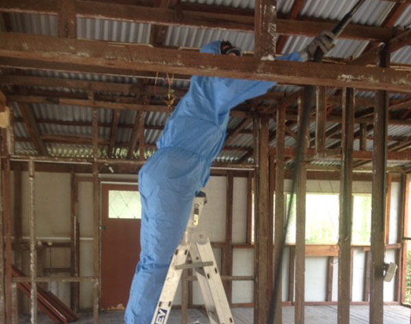 Photo of a CCS worker analysing Asbestos in a blue protective suit